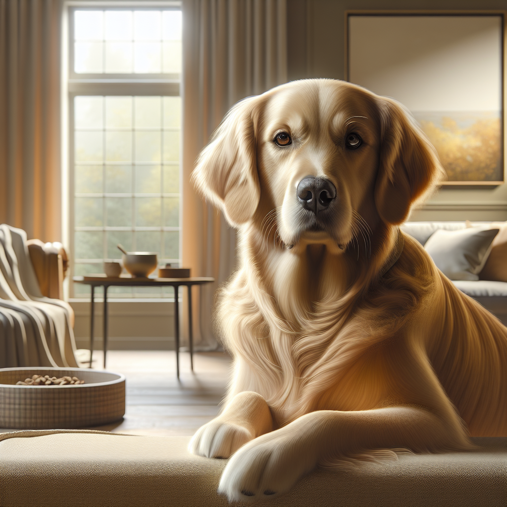 A healthy golden retriever sitting in a cozy living room.