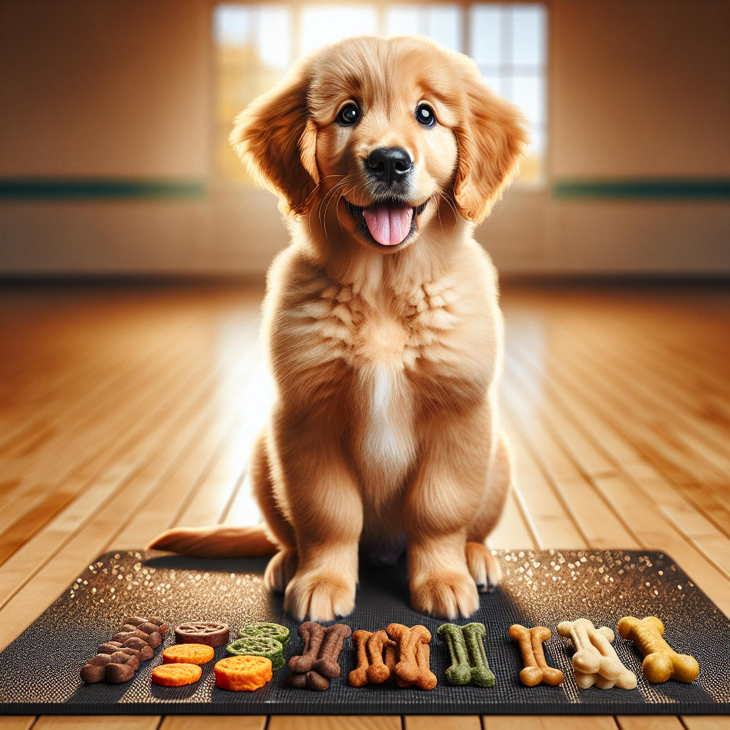 A happy golden retriever puppy on a training mat surrounded by colorful dog treats.