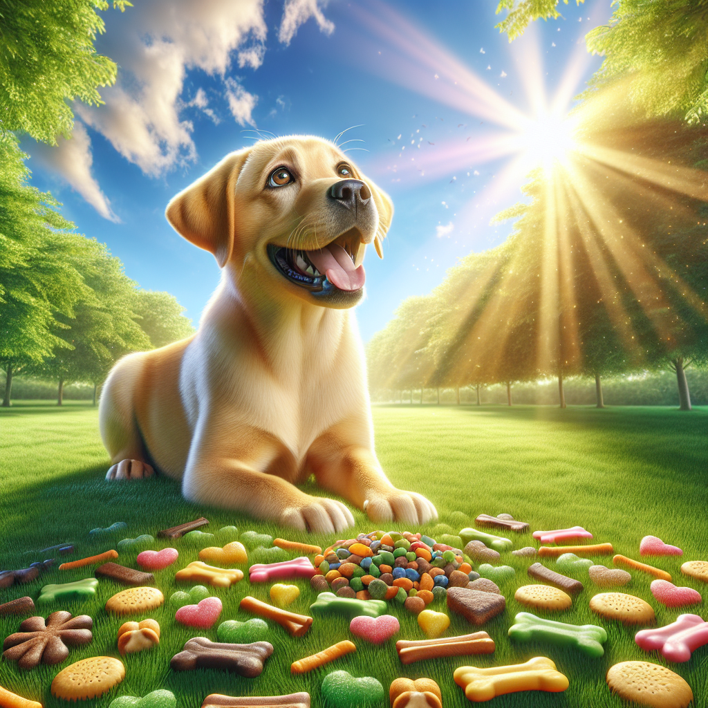 A playful Labrador Retriever examining colorful dog training treats in a sunny park.