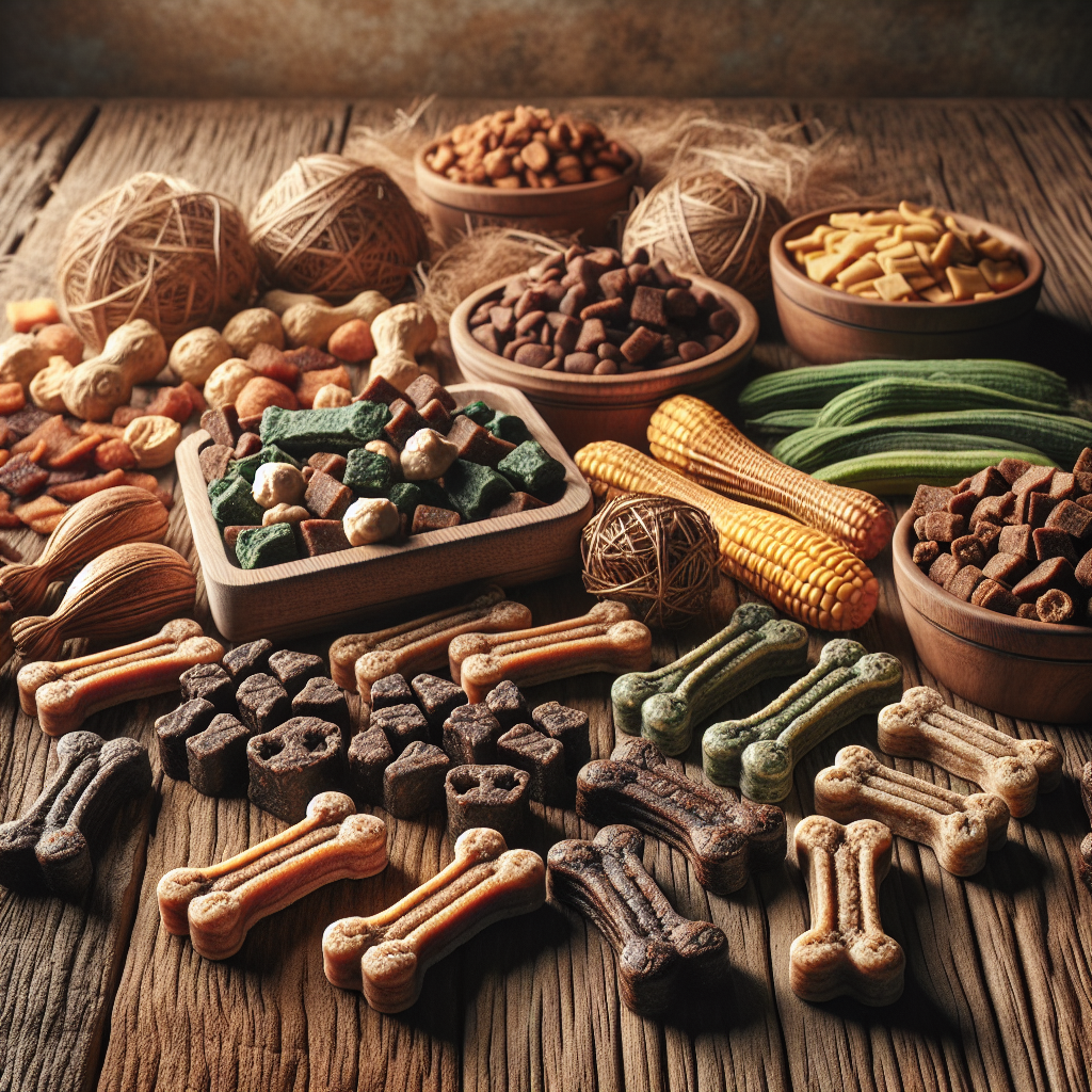 A variety of nutritious dog training treats arranged on a wooden surface.