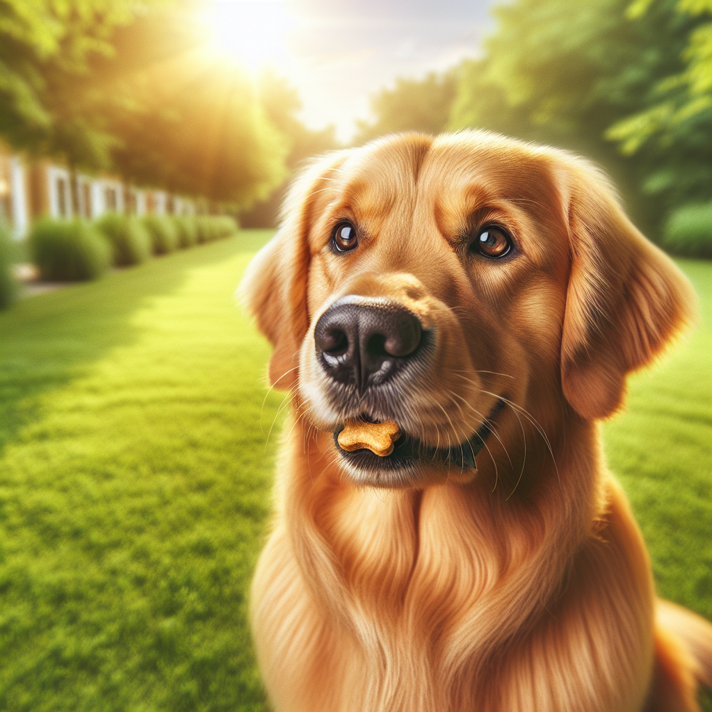 A golden retriever dog focused on a training treat in a grassy field.