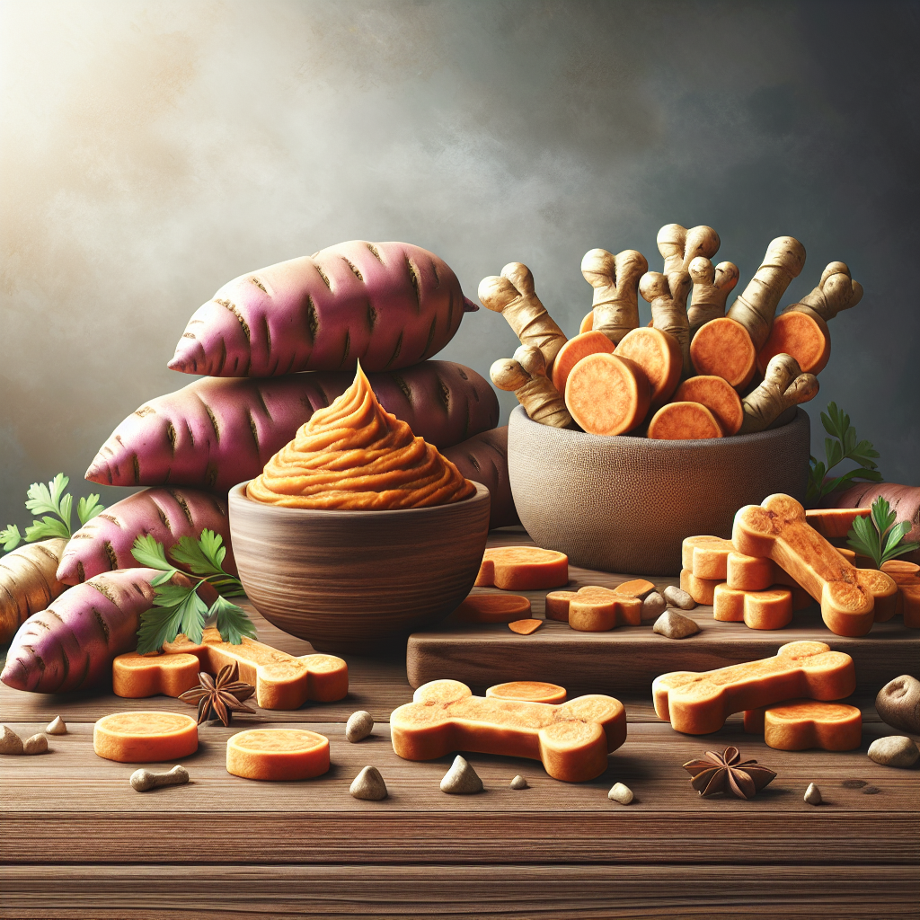 Homemade dog treats made with sweet potato on a wooden table.