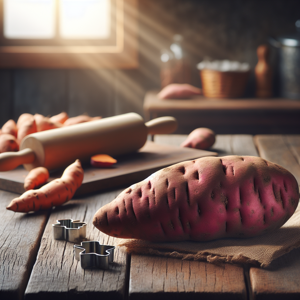 A sweet potato on a kitchen table with baking utensils, showcasing the vibrant color and kitchen setting.