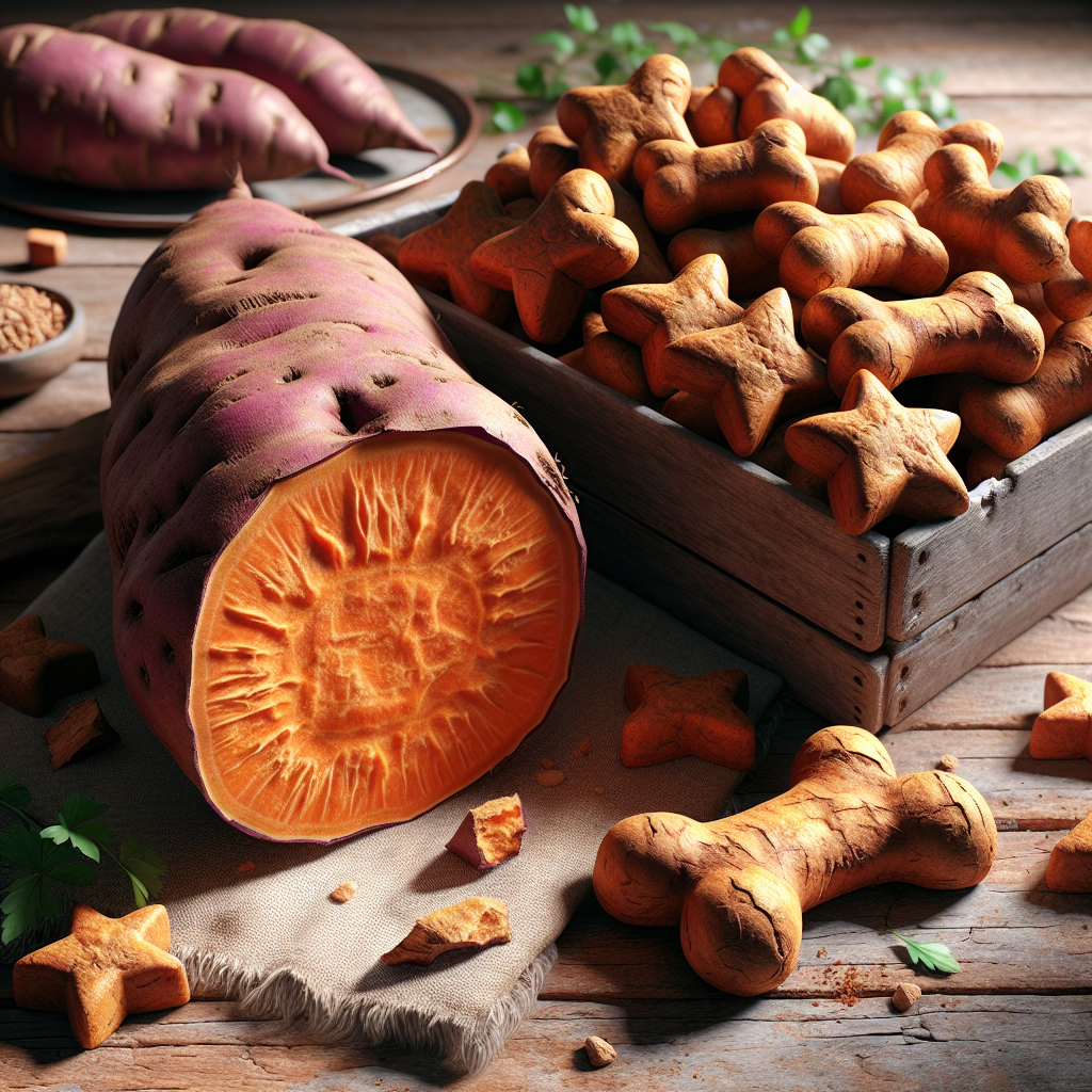 A vibrant sweet potato and homemade dog treats on a wooden surface.