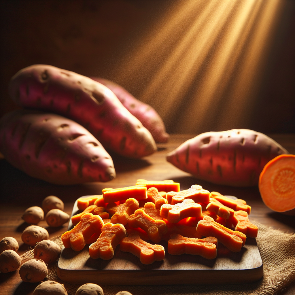 A variety of homemade dog treats made from sweet potato on a wooden cutting board.