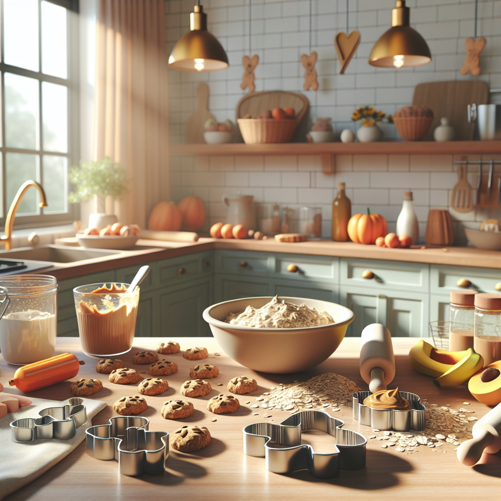 A kitchen scene preparing healthy homemade dog treats.