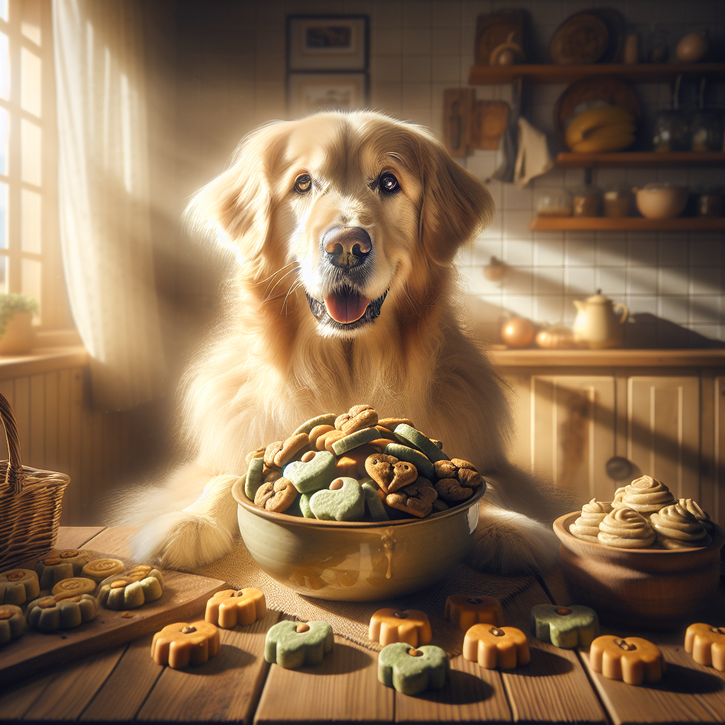 A golden retriever sitting next to a bowl of homemade colorful dog treats in a cozy kitchen.