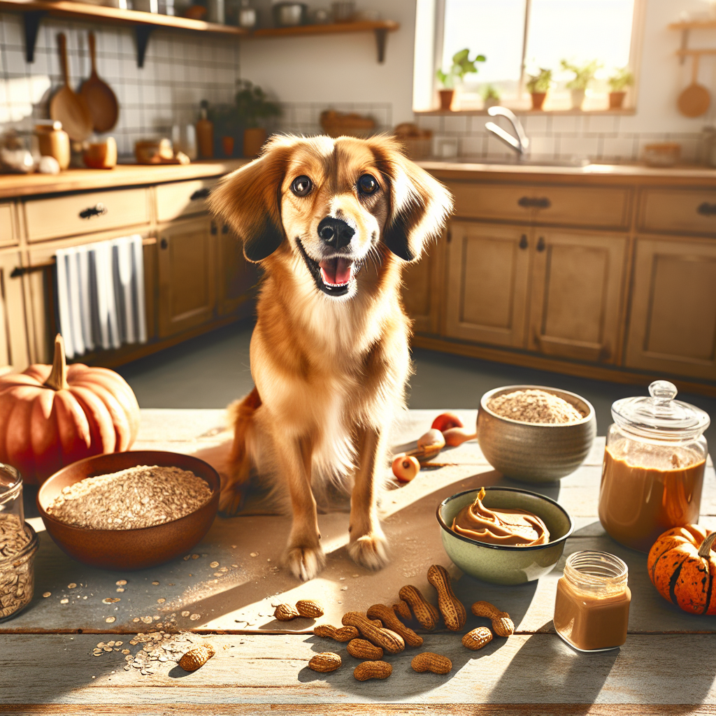 A happy golden brown dog sitting in a sunny kitchen with ingredients for homemade dog treats.