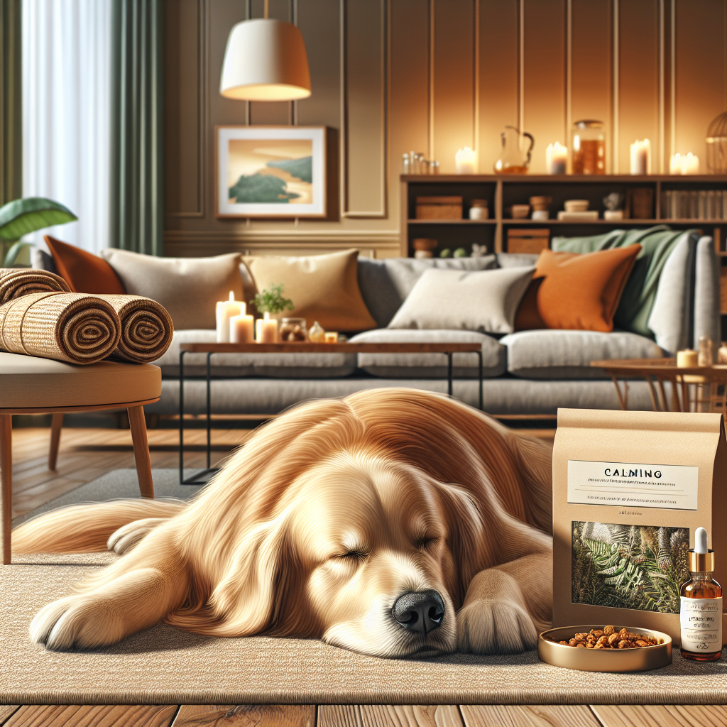 A calm golden retriever resting on a rug surrounded by calming products in a cozy living room.