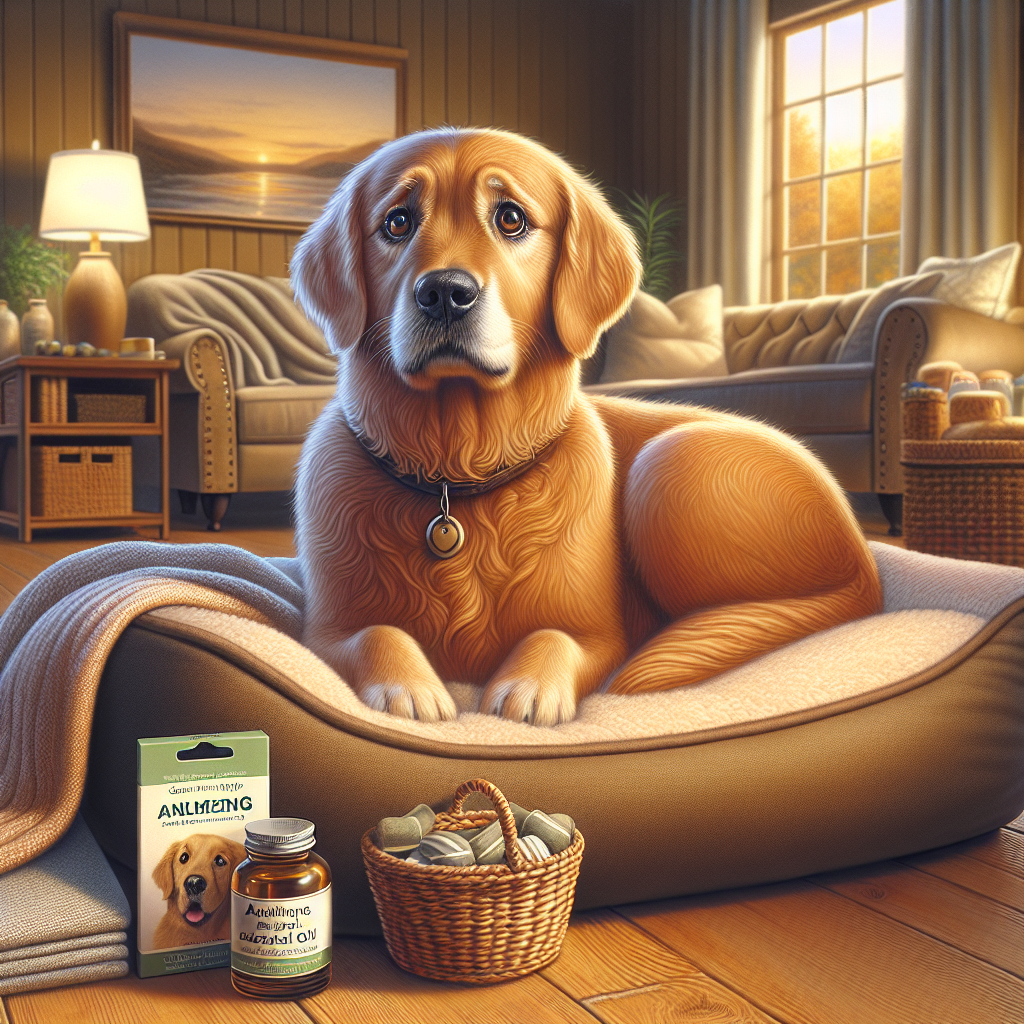 A golden retriever looking anxious on a dog bed surrounded by calming products.