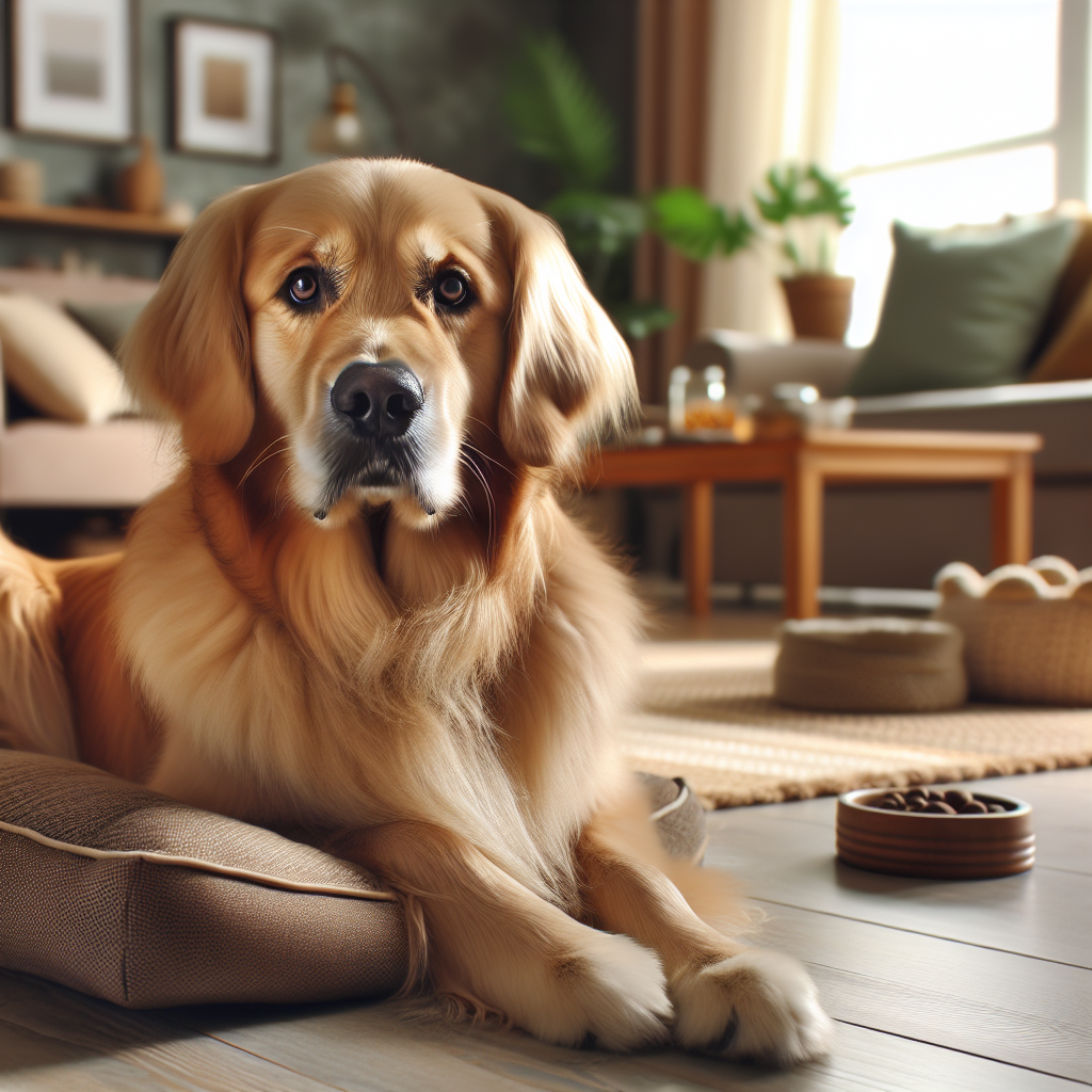 A golden retriever showing signs of anxiety in a cozy living room.