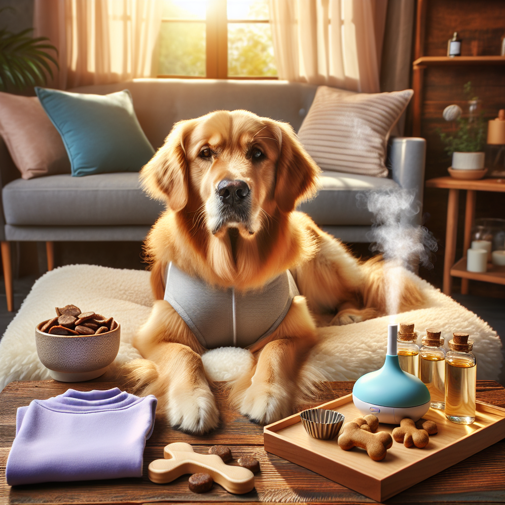 A stressed Golden Retriever dog on a dog bed in a cozy living room, surrounded by calming products.