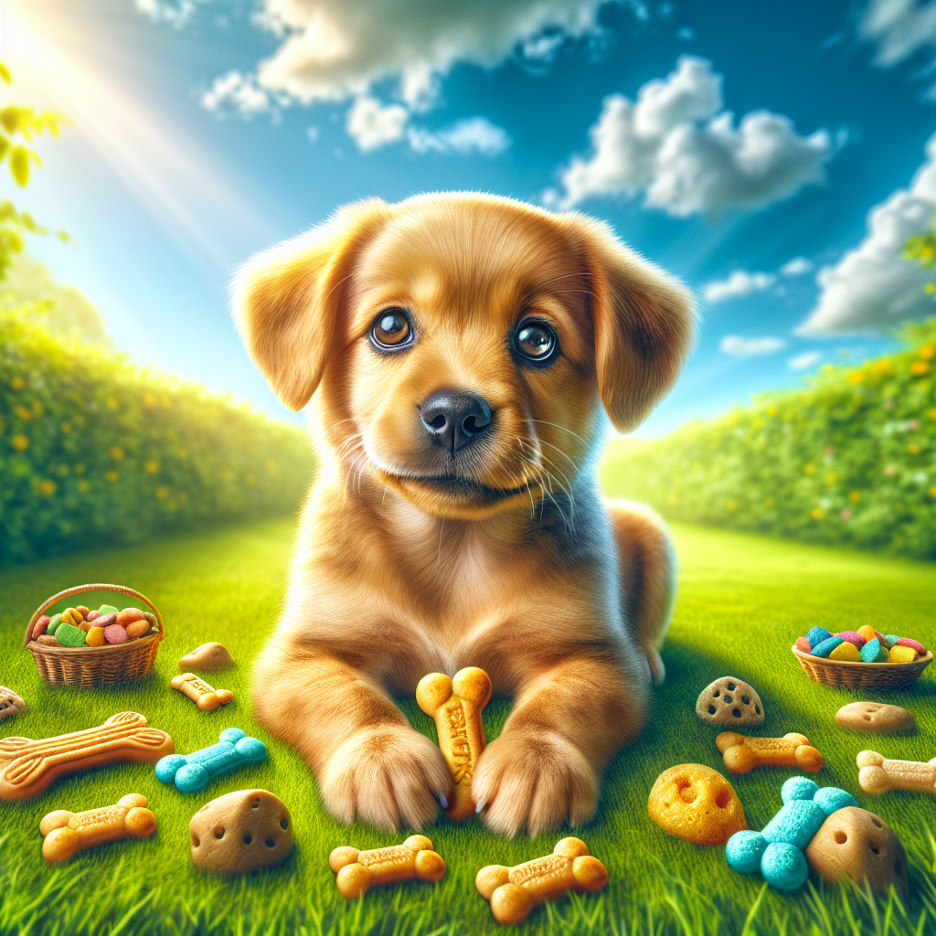 A joyful golden puppy enjoying colorful dog treats on a grassy patch under a blue sky.