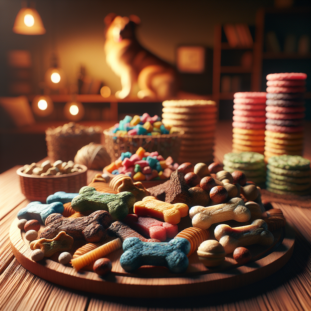 Various puppy treats displayed on a wooden surface.