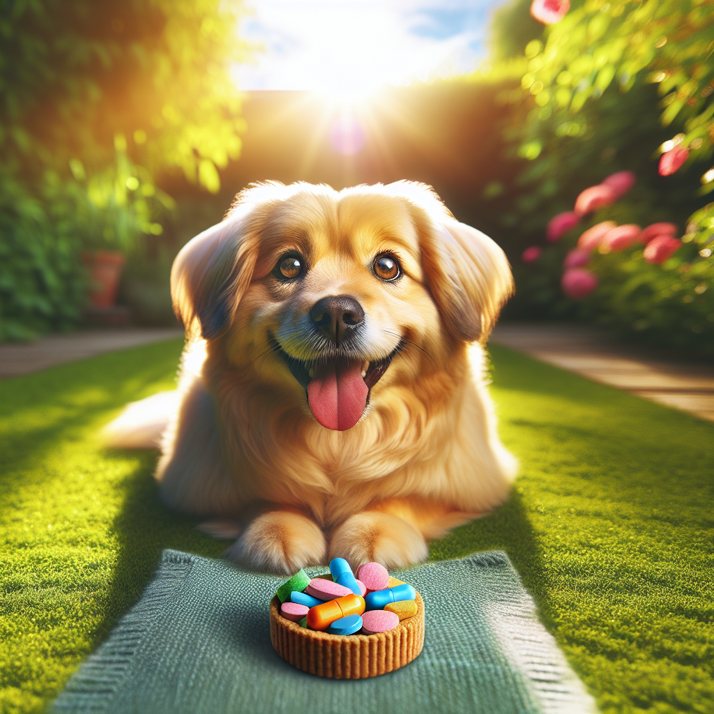 A happy dog enjoying a treat that hides a pill in a sunny backyard.