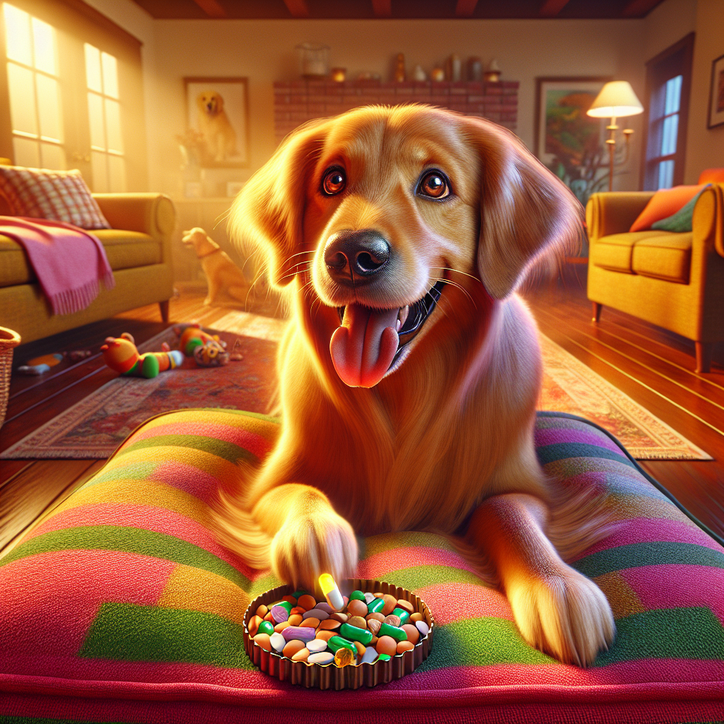A golden retriever happily pawing at a treat hiding a pill.