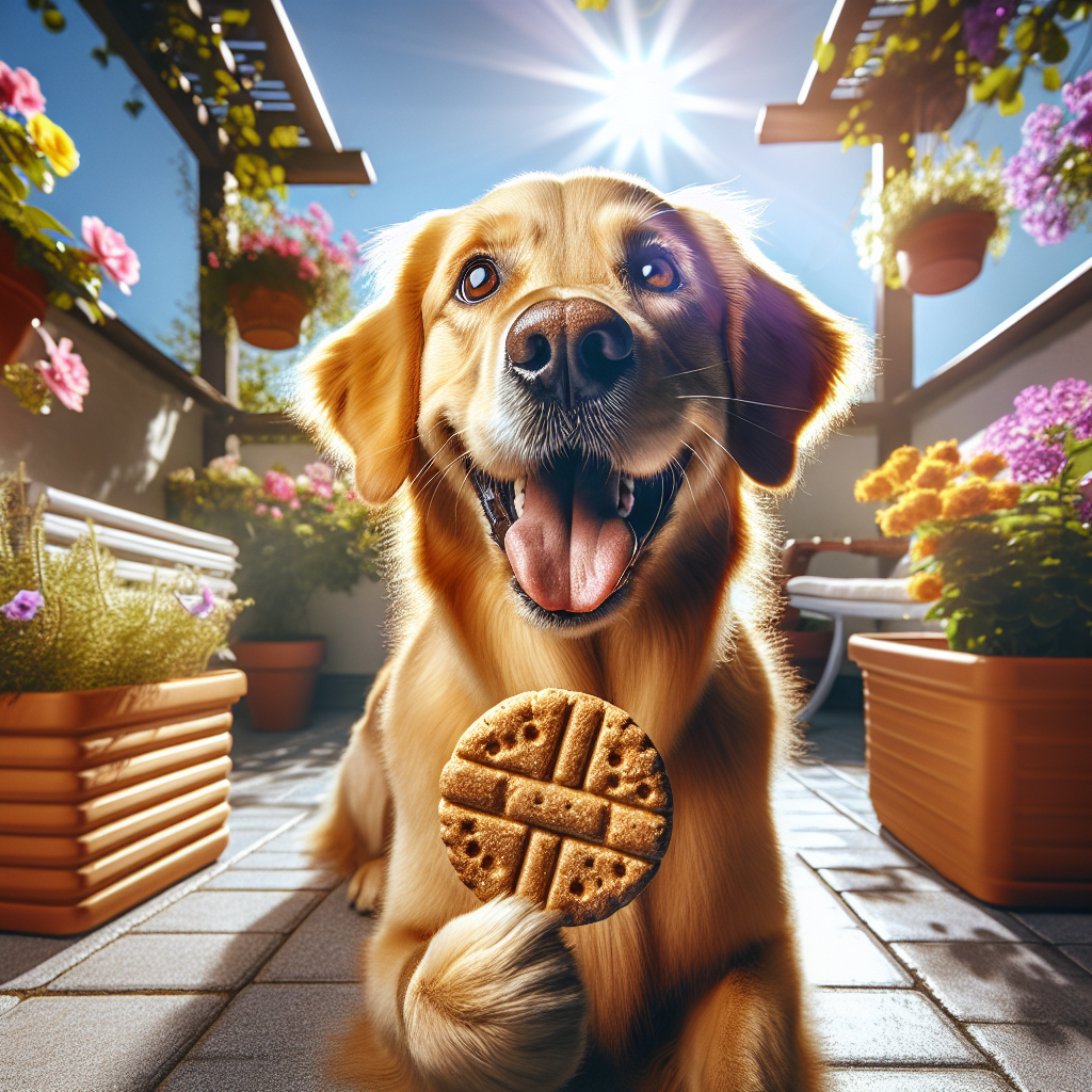 A happy golden retriever dog sitting outdoors, sniffing a treat that hides a pill.