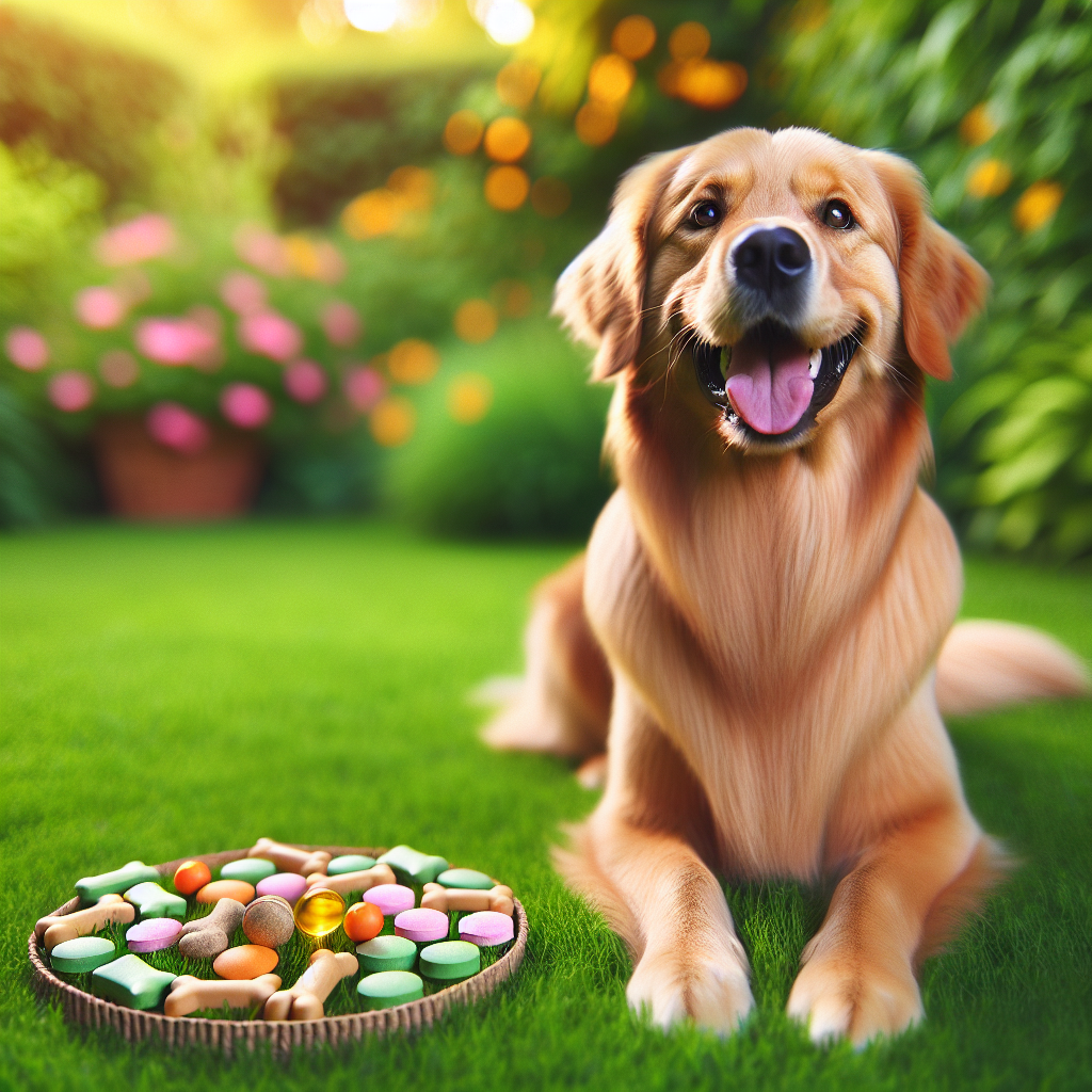 A happy golden retriever dog with a pill hidden in a treat on a grassy lawn.