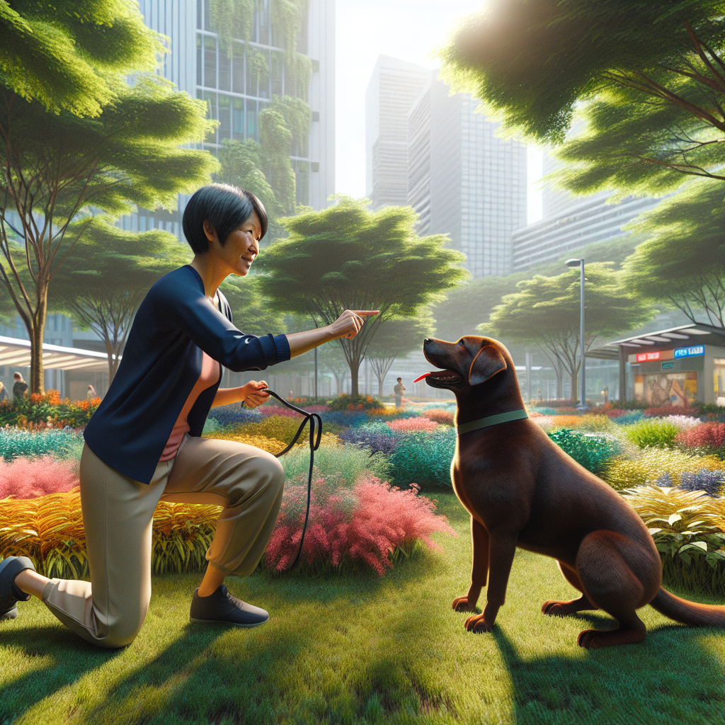 A dog trainer conducting a training session with a Labrador Retriever in a park.