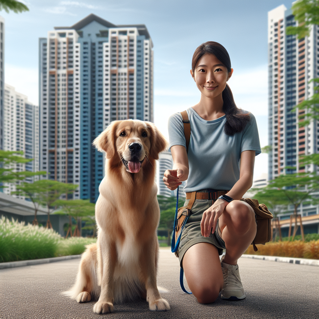 A dog trainer working with a golden retriever in Singapore's urban environment.