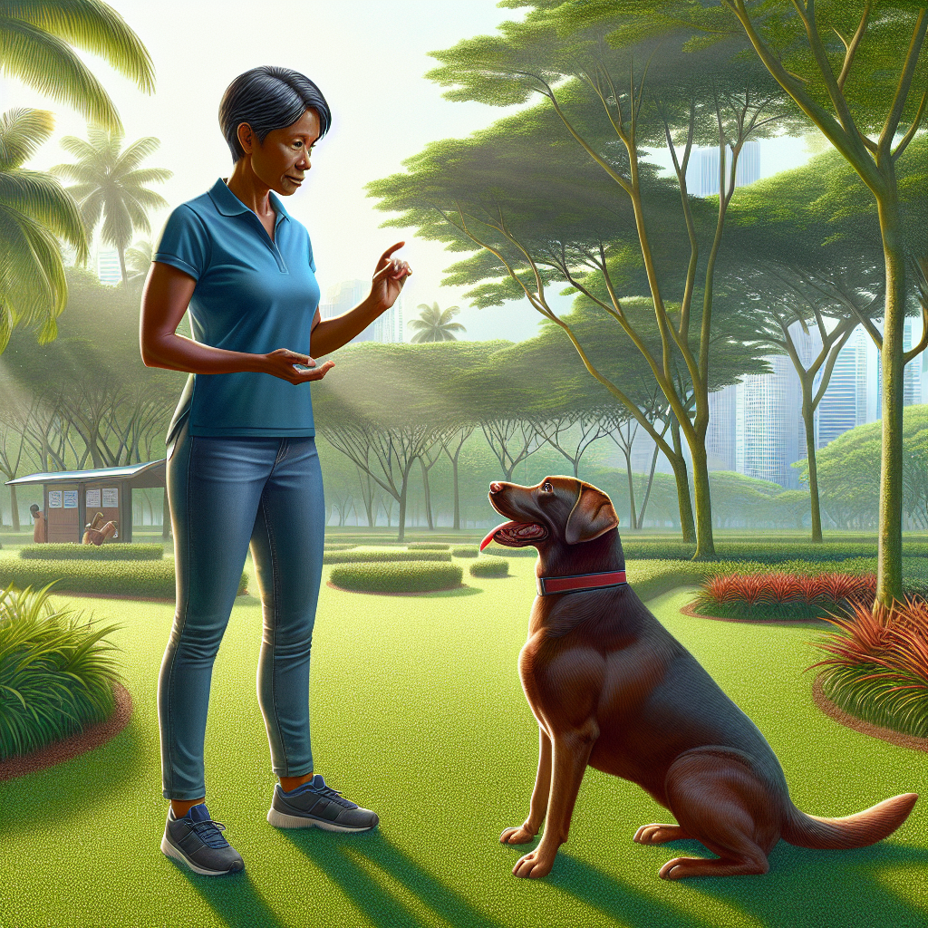 A dog trainer with a Labrador Retriever in a Singapore park.