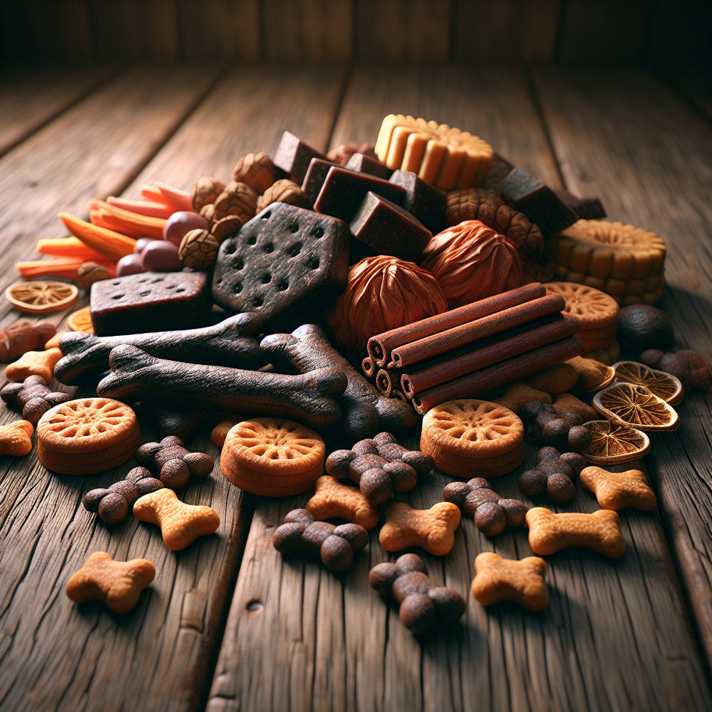 Various natural dog treats displayed on a wooden surface.