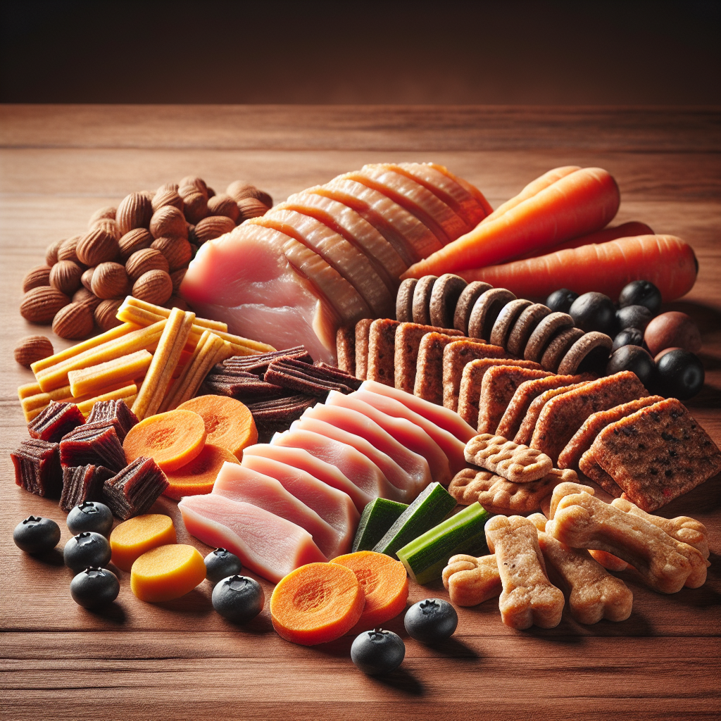 An assortment of natural dog treats including chicken, beef jerky, and vegetable snacks.