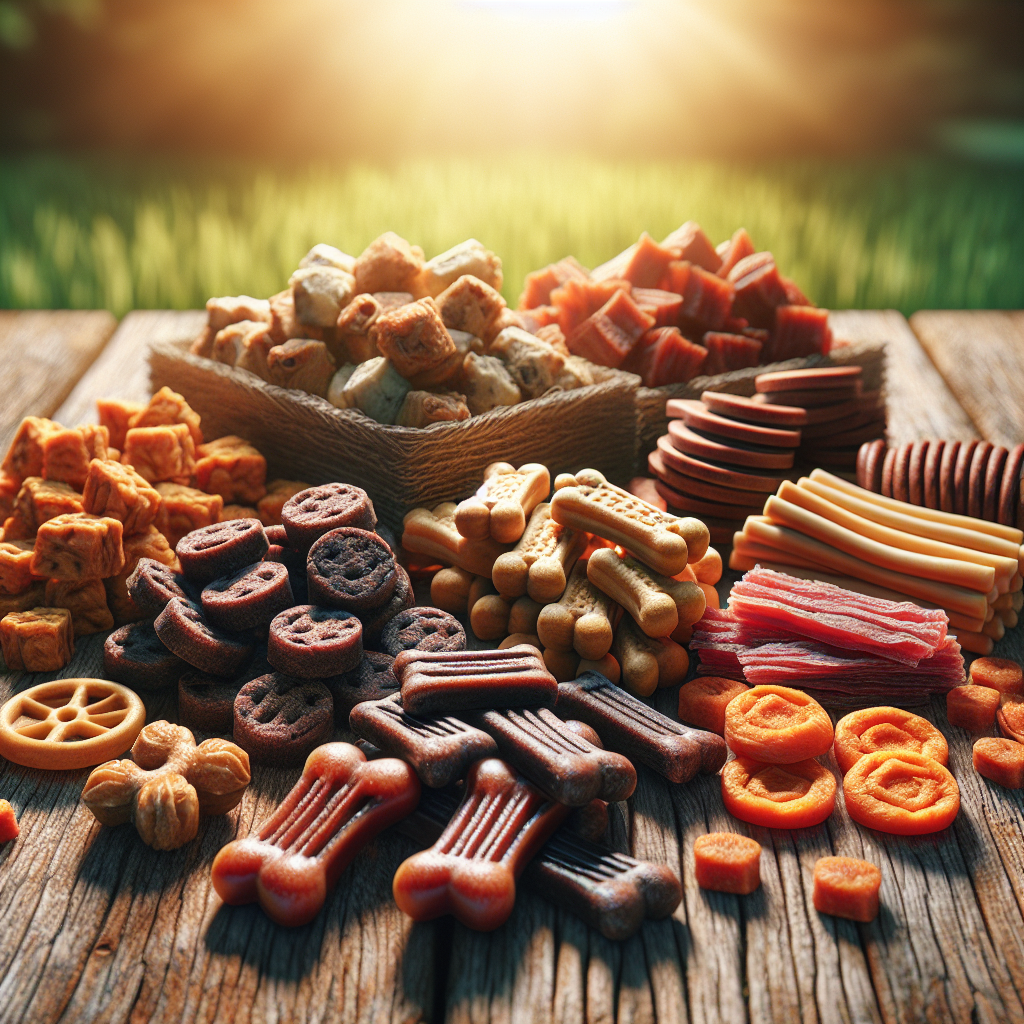 An assortment of high-quality dog treats on a wooden table.