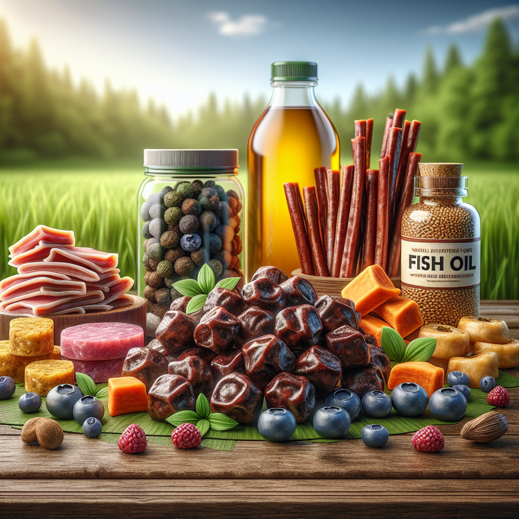 An assortment of healthy dog treats on a wooden table.