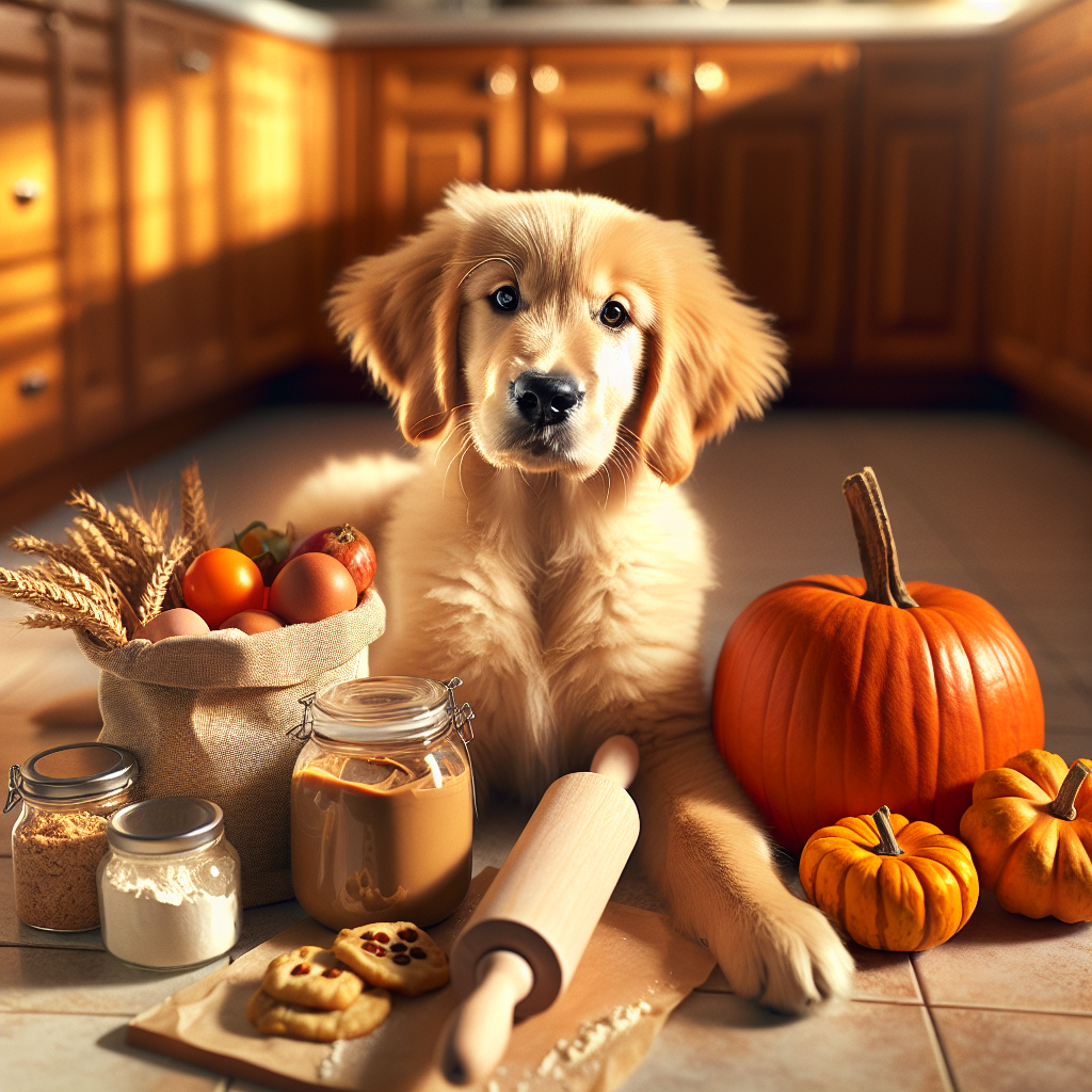A golden retriever puppy surrounded by ingredients for homemade dog treats.