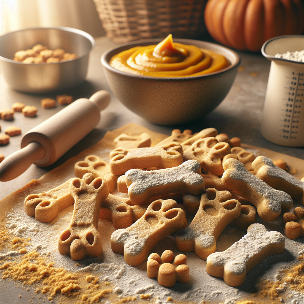 Freshly baked pumpkin dog treats in various shapes on a kitchen countertop.