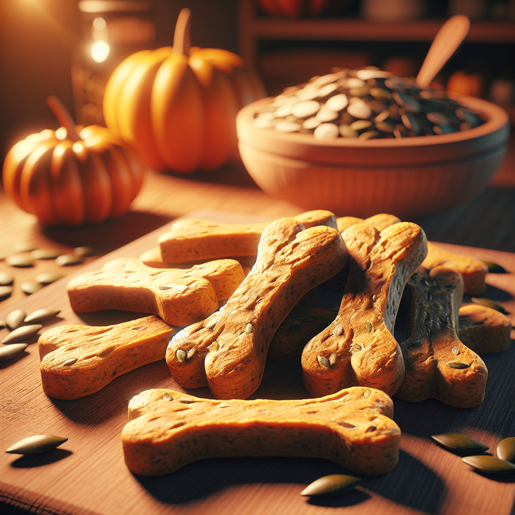 Homemade dog treats shaped like bones and hearts on a wooden kitchen table.