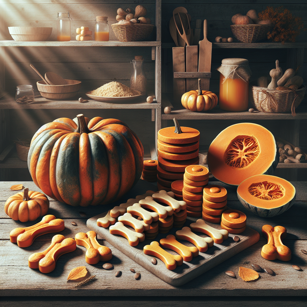 Homemade dog treats made with pumpkin on a rustic wooden table.