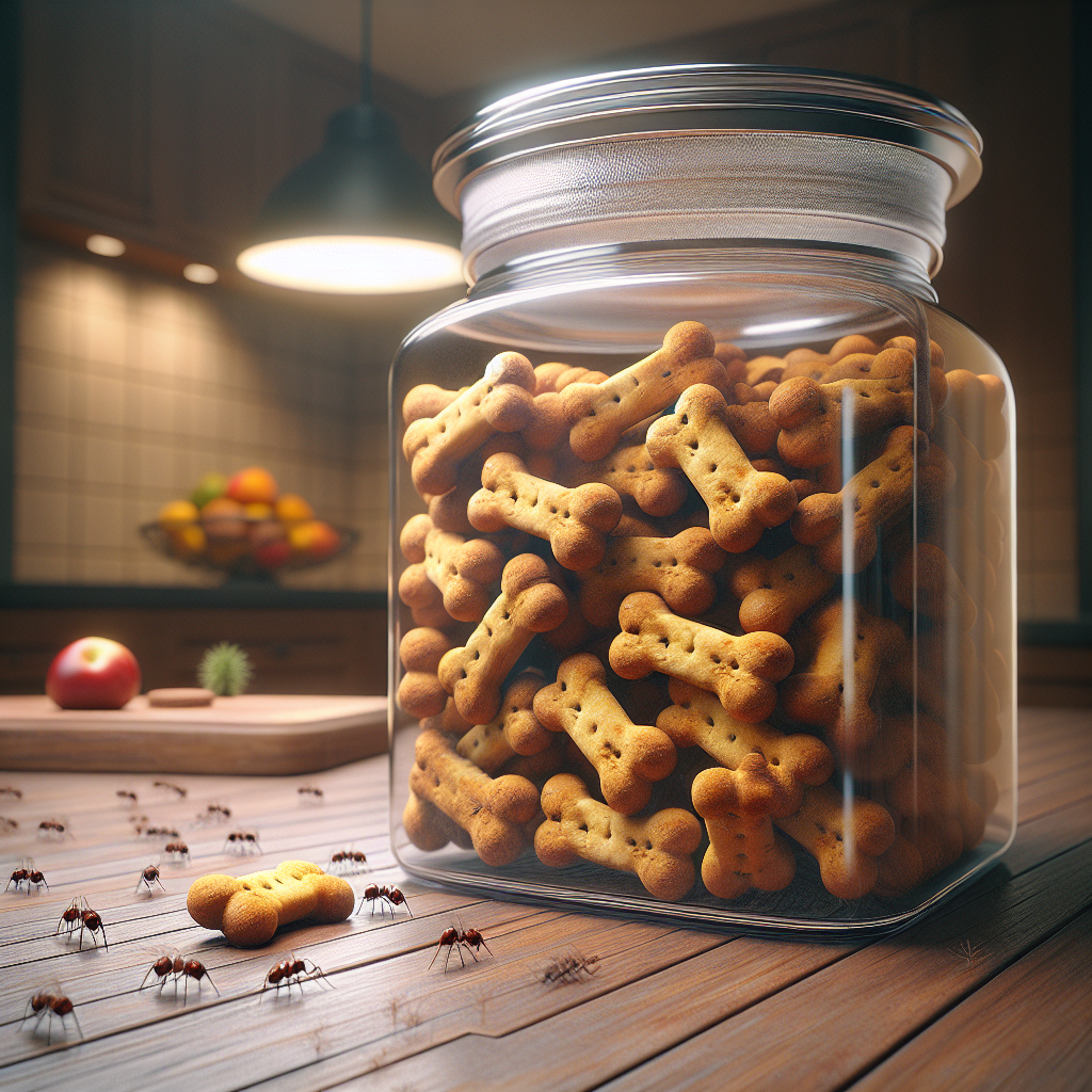 A jar of Milk Bone dog treats on a kitchen counter with hints of bugs around.