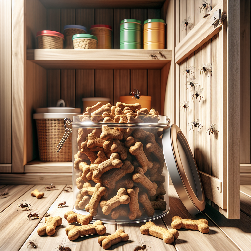An open pantry with Milk Bone dog treats in an airtight container, showing potential pest issues.