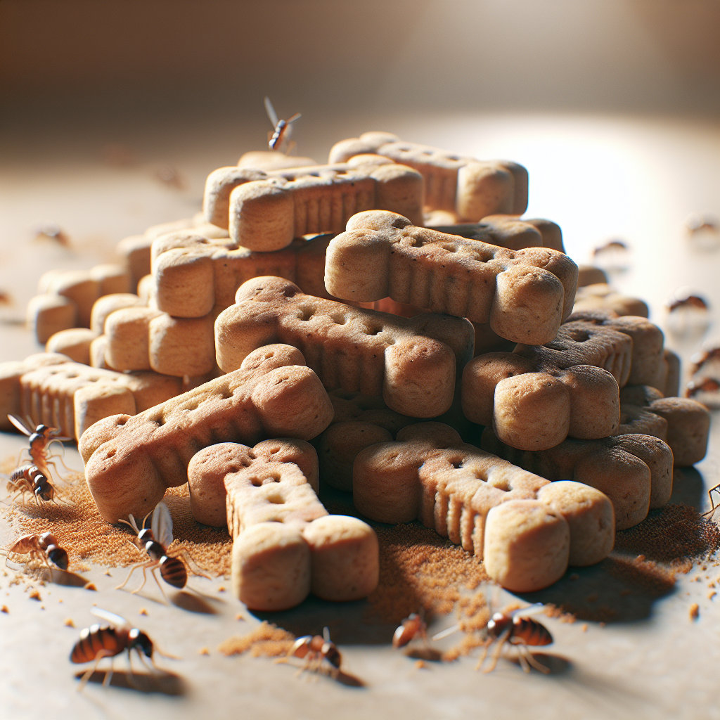 A close-up image of Milk Bone dog treats with small bugs in the background.