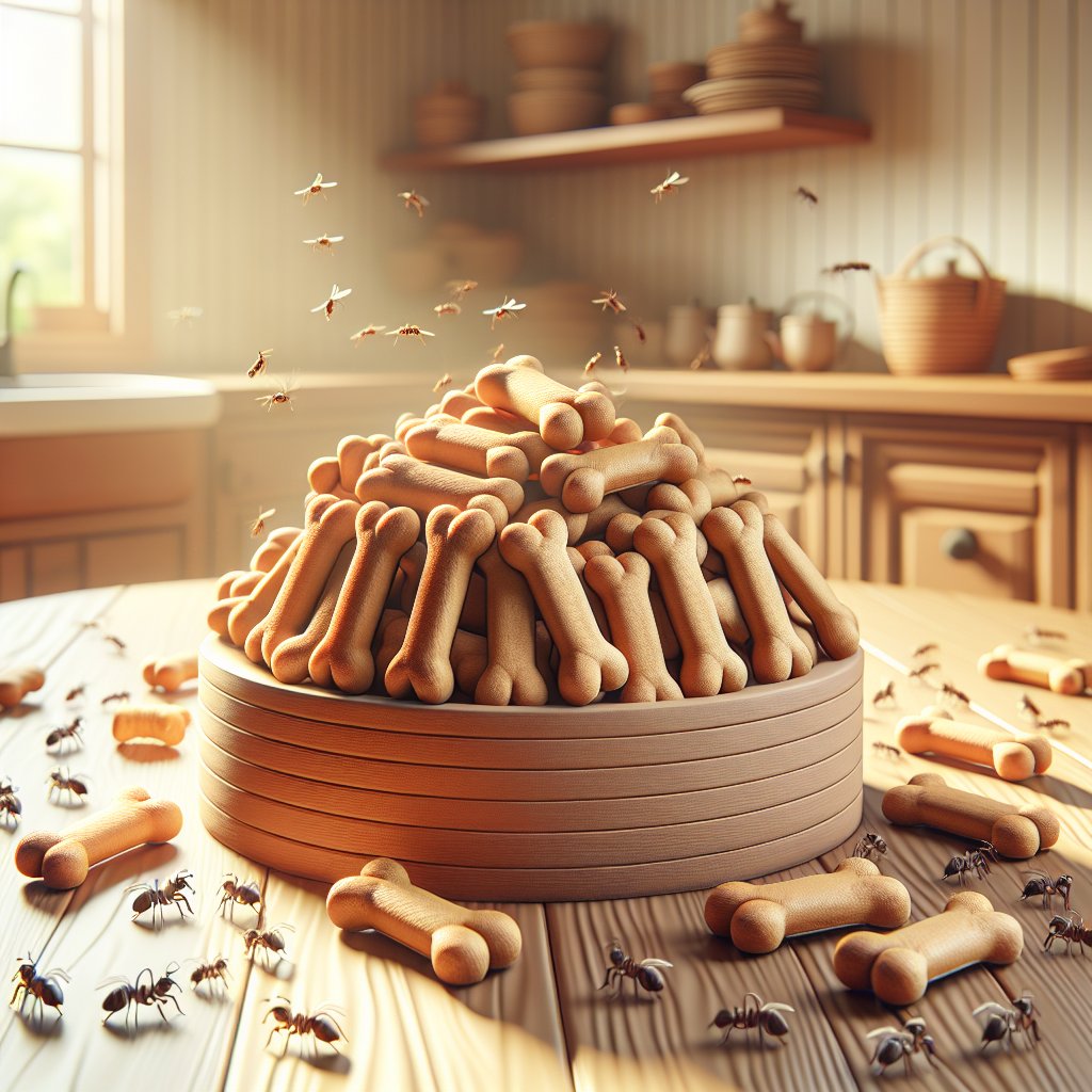 An arrangement of Milk Bone dog treats with small bugs in a cozy kitchen setting.