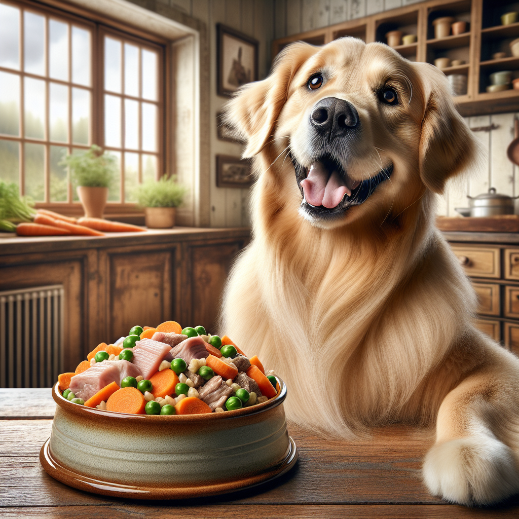 A happy golden retriever sitting next to a bowl of colorful home-cooked dog food.