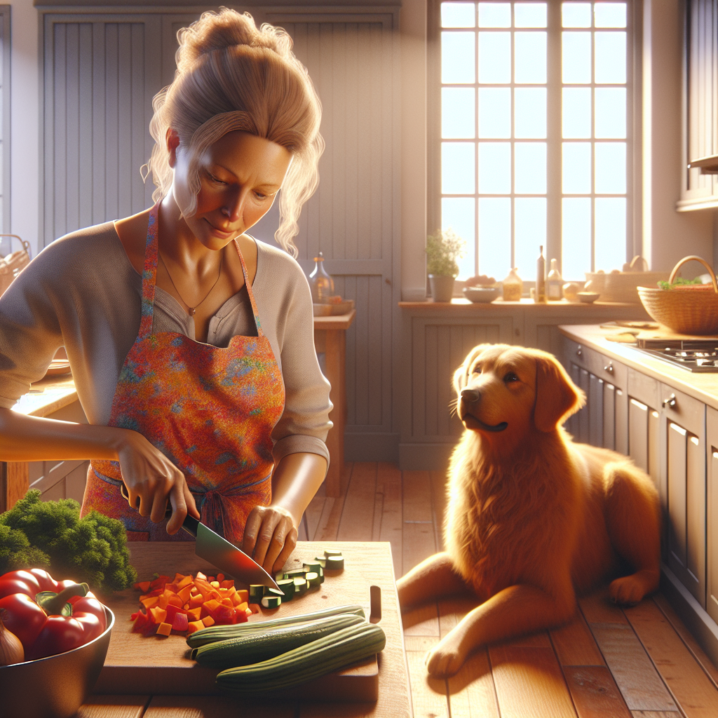 A Golden Retriever watching its owner cook in a warm kitchen.