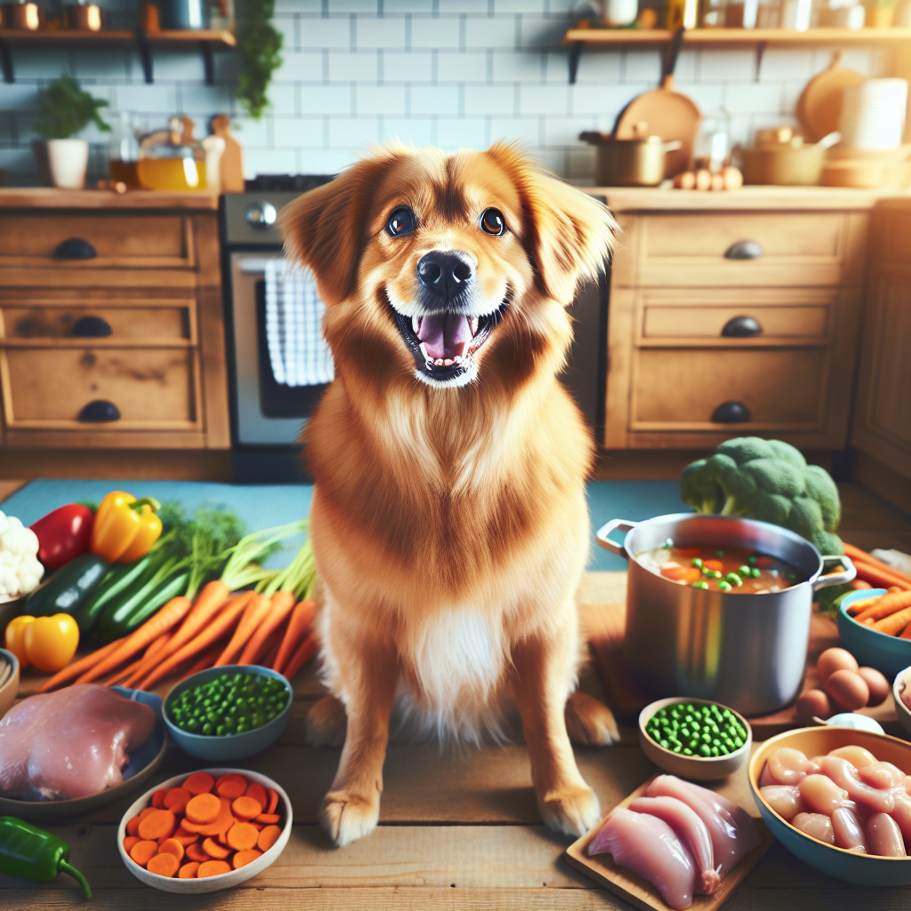 A joyful dog in a kitchen with fresh ingredients for home-cooked dog food.