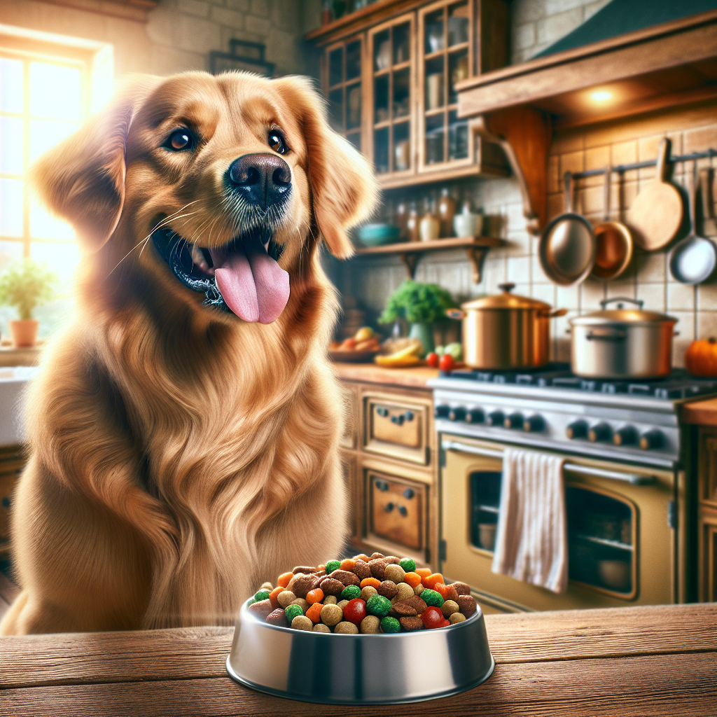 A golden retriever in a cozy kitchen with a bowl of home-cooked dog food.