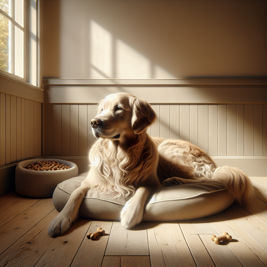 A calm golden retriever resting on a plush dog bed in a cozy living room.