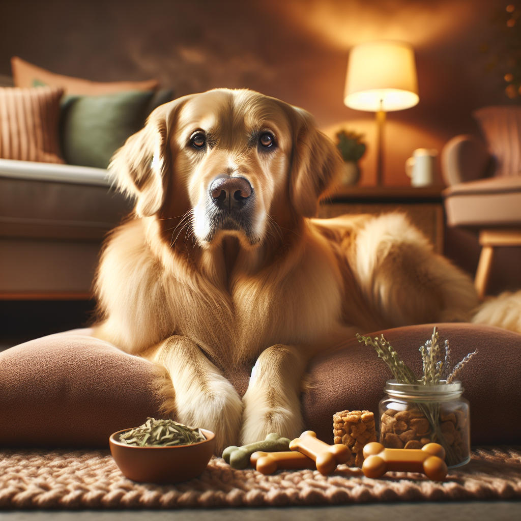 A golden retriever resting peacefully on a dog bed surrounded by calming treats.