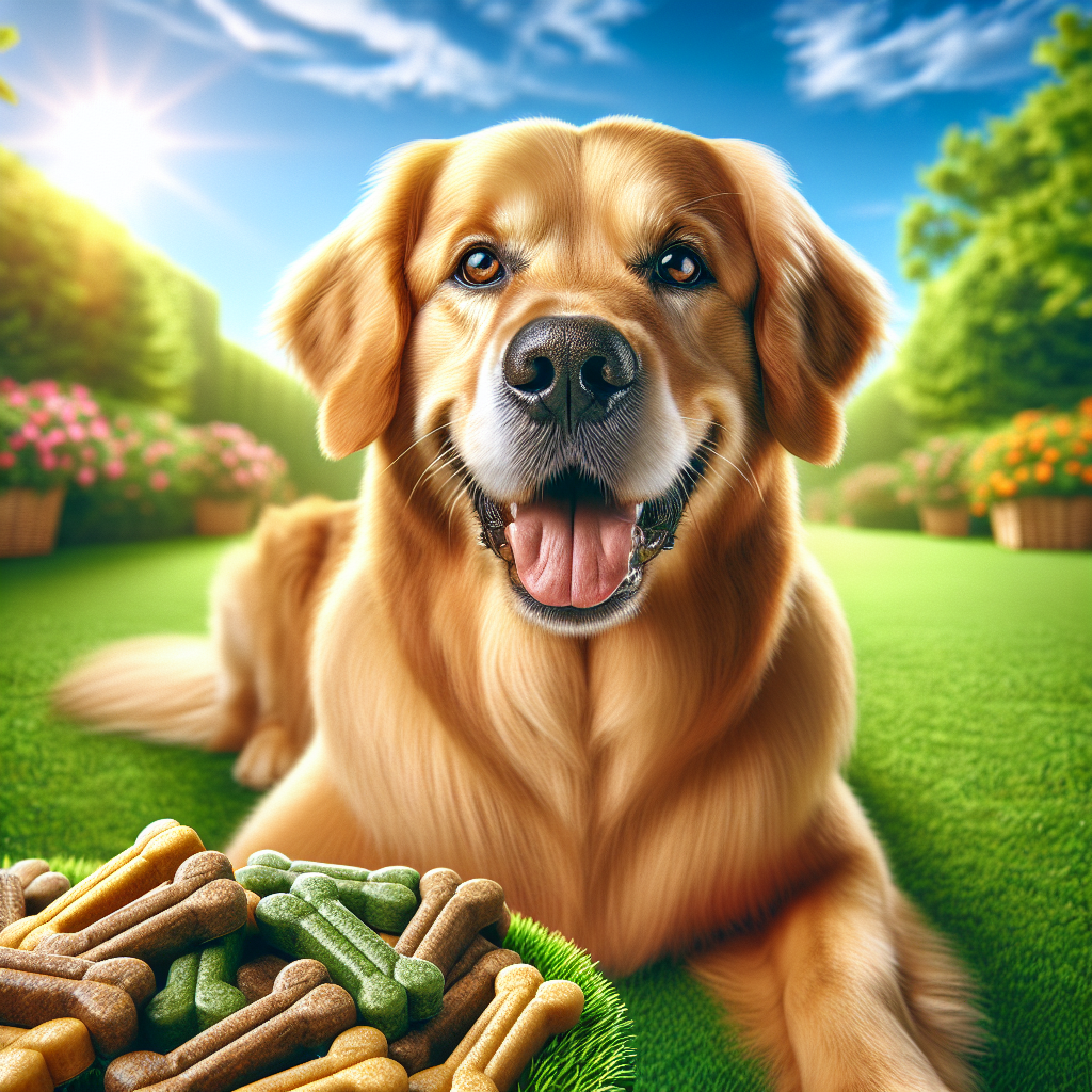 A golden retriever sitting calmly on a green lawn with colorful calming treats nearby.