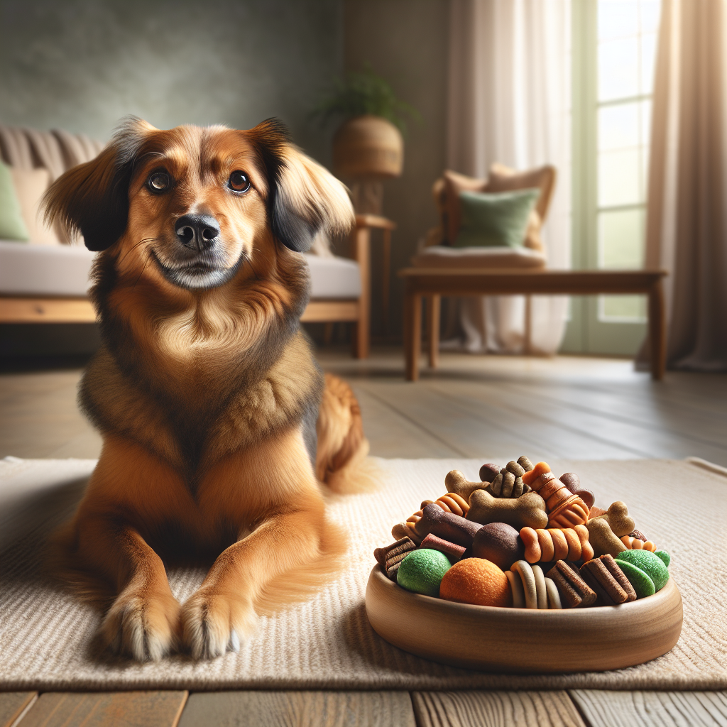 A happy brown dog sitting on a rug beside a bowl of colorful calming treats.