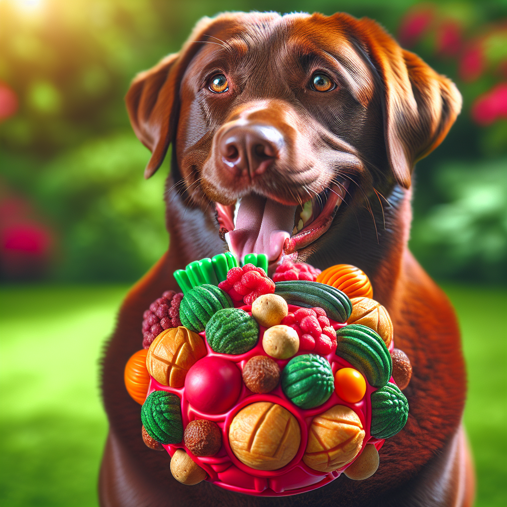 A happy brown Labrador chewing on a Kong toy filled with healthy dog treats in a grassy backyard.