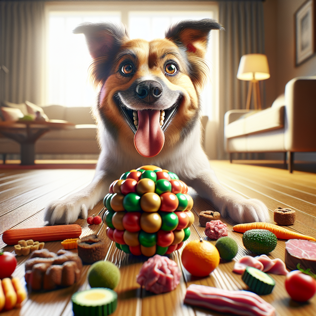 A happy dog playing with a Kong toy filled with healthy treats in a cozy living room.