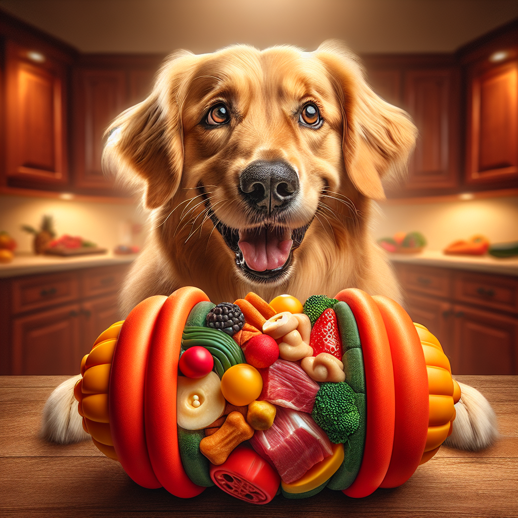 A playful golden retriever interacting with a Kong toy filled with healthy dog treats.