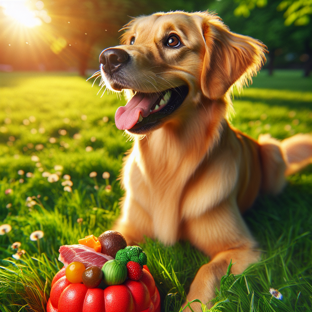 A golden retriever dog with a Kong toy and healthy treats in a sunny park.