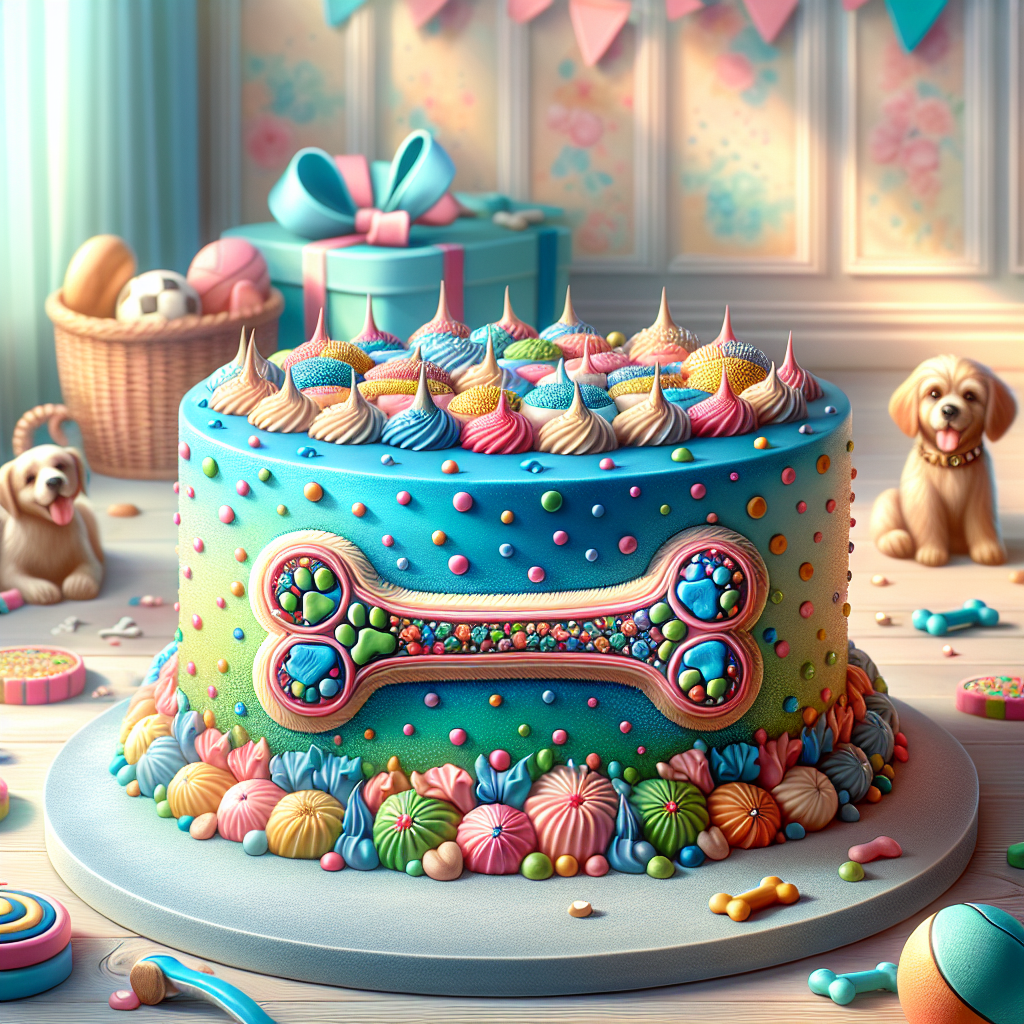 A decorated dog cake shaped like a bone surrounded by dog toys and a party hat.